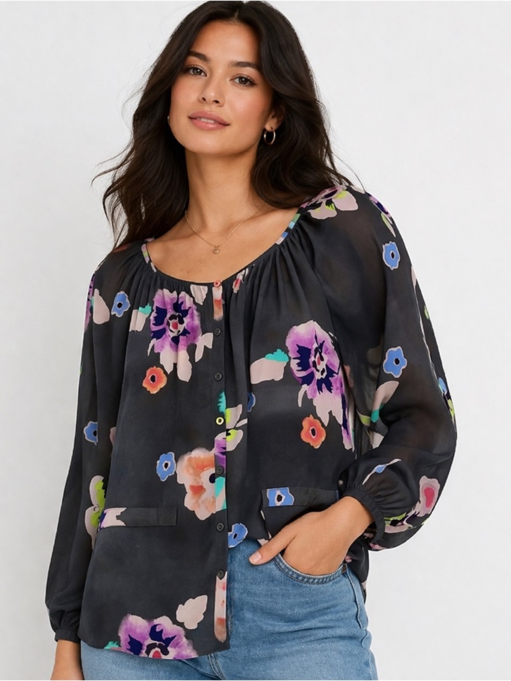 Rebecca Taylor 100% Silk Floral Blouse Tunic Missing Belt